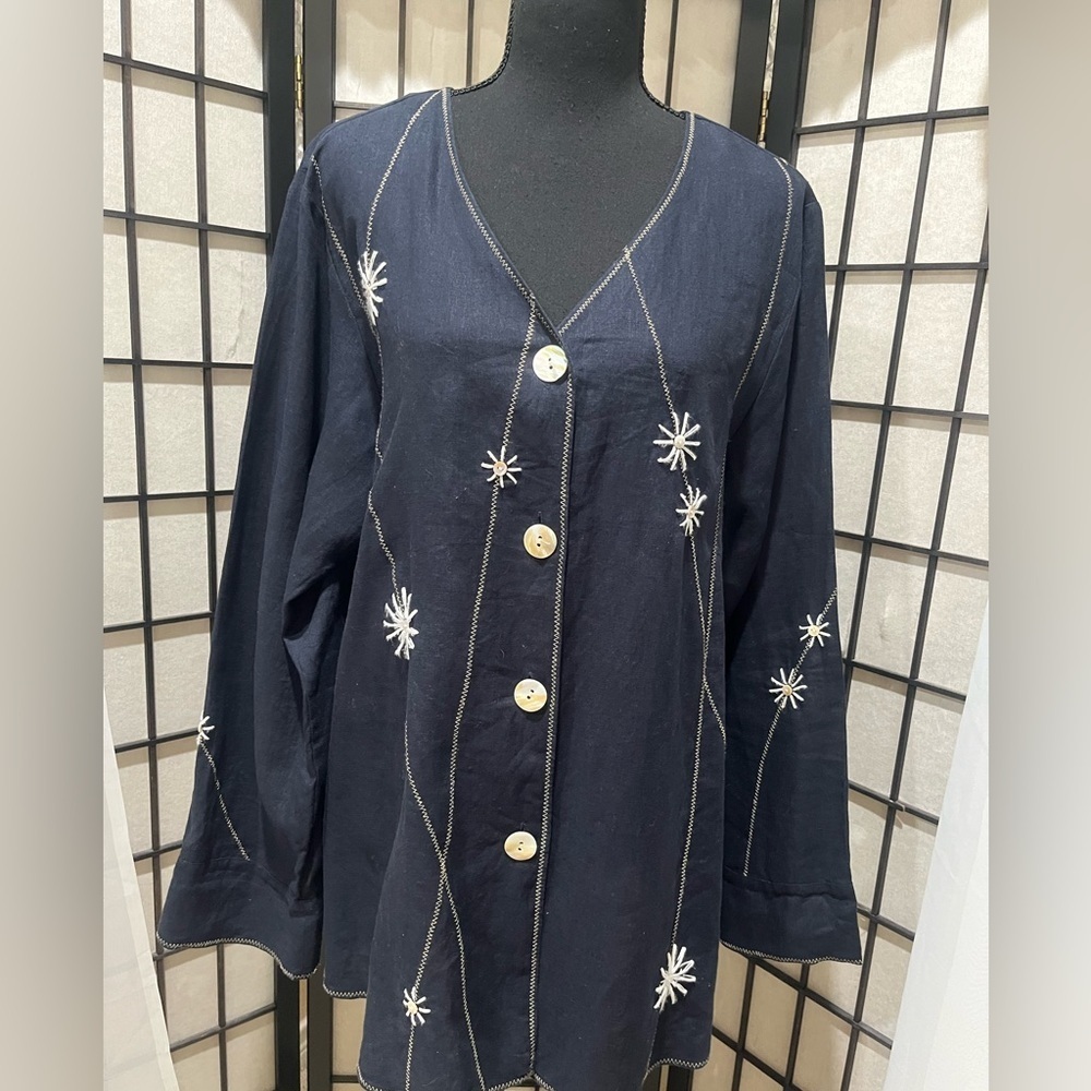 David Dart CHARCOAL BLACK EMBROIDERED Linen TUNIC, WOMEN SIZE L.